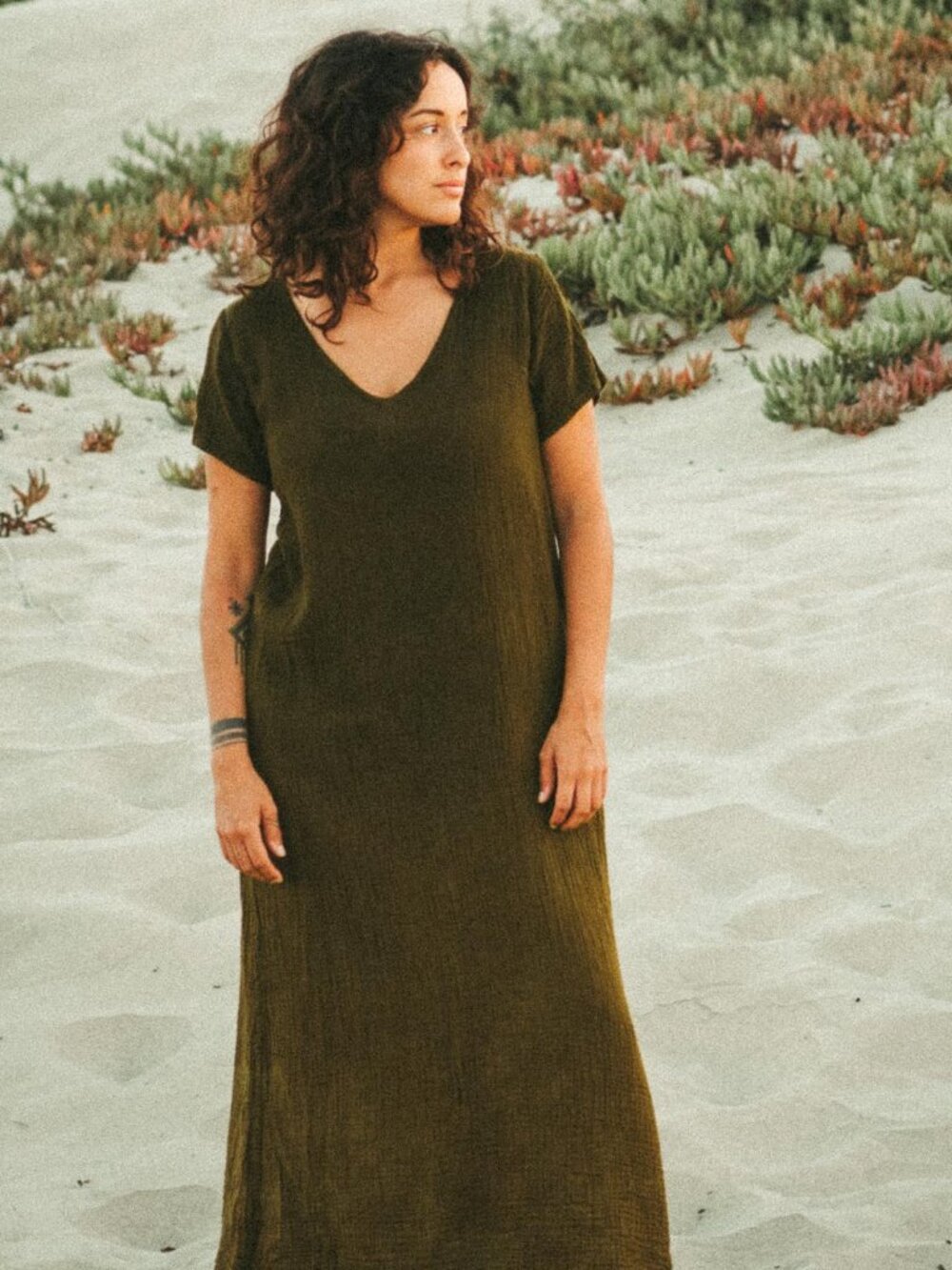S/M Subtle Ombre Brownish Olive Green Katie Diamond Wolff Kaftan in Cotton Gauze